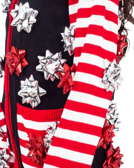 Pull de Noël moche, emballage cadeau, nœud, cardigan