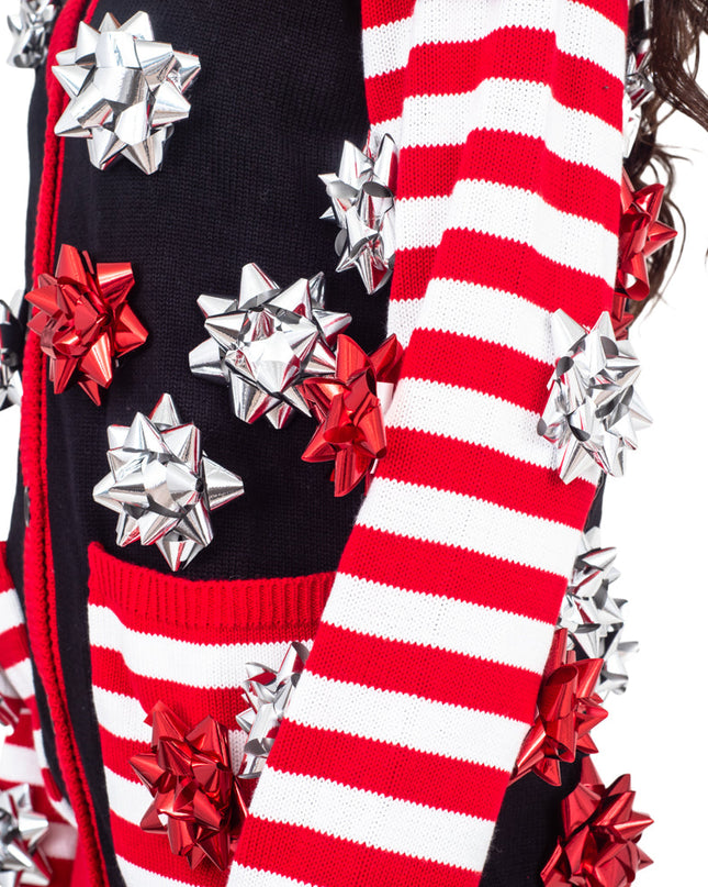 Pull de Noël moche, emballage cadeau, nœud, cardigan