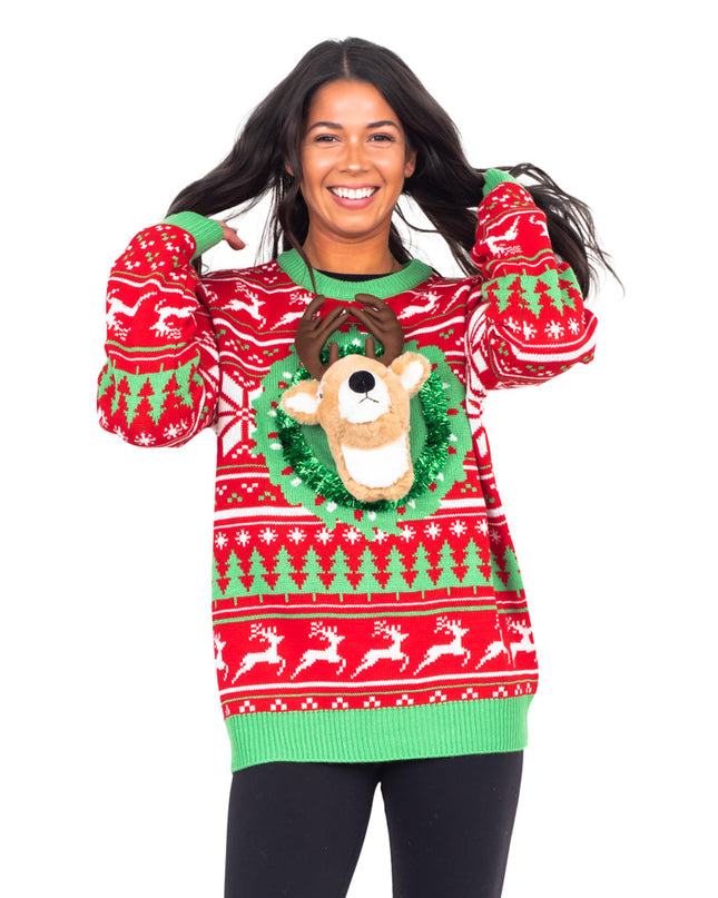 Pull de Noël moche à tête de trophée de renne en 3D LED
