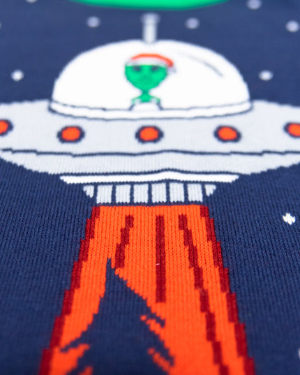 Pull de Noël moche avec enlèvement par soucoupe volante et arbre