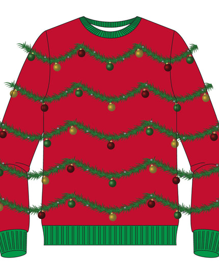 Pull de Noël moche avec guirlande et ornements rouges 3D