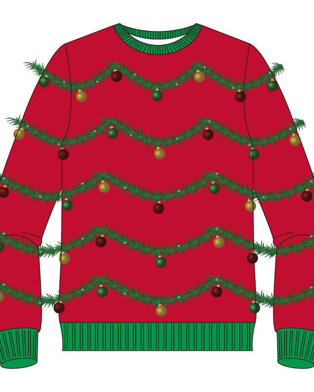 Pull de Noël moche avec guirlande et ornements rouges 3D