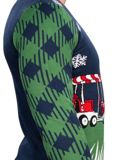 Pull de Noël moche tricoté avec un Père Noël golfeur