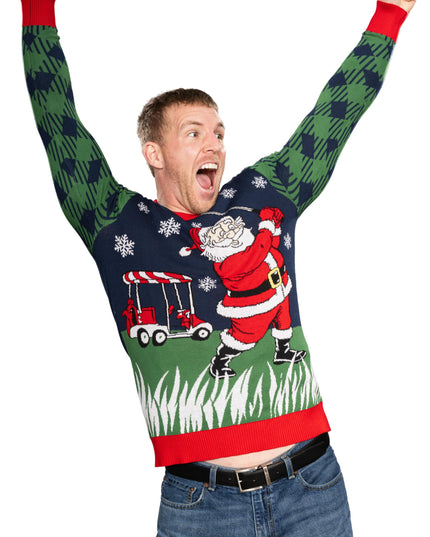 Pull de Noël moche tricoté avec un Père Noël golfeur
