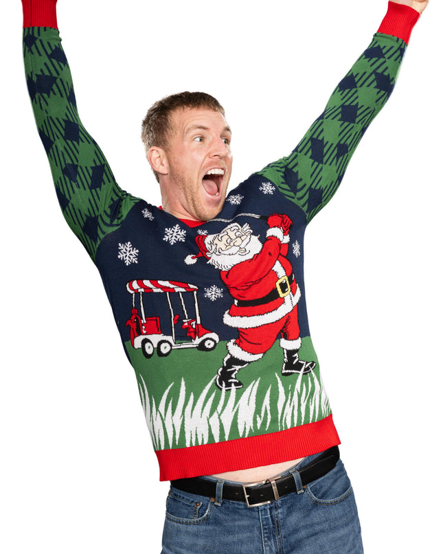 Pull de Noël moche tricoté avec un Père Noël golfeur
