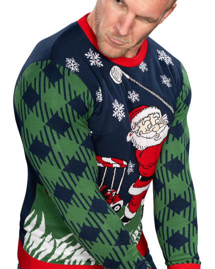 Pull de Noël moche tricoté avec un Père Noël golfeur