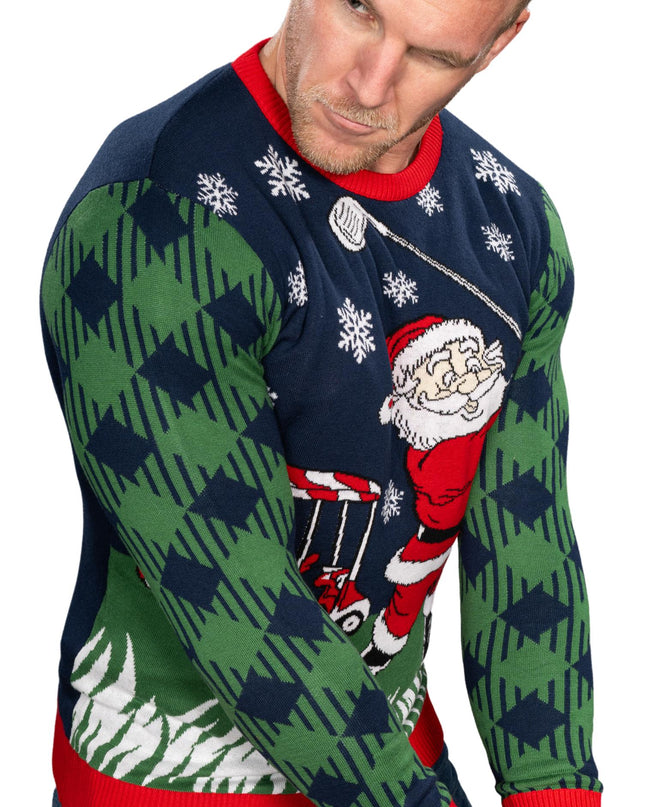 Pull de Noël moche tricoté avec un Père Noël golfeur