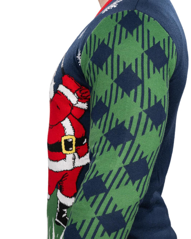 Pull de Noël moche tricoté avec un Père Noël golfeur