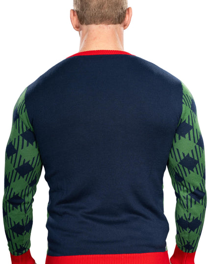 Pull de Noël moche tricoté avec un Père Noël golfeur