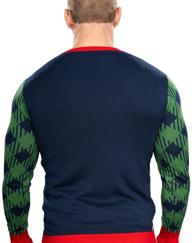 Pull de Noël moche tricoté avec un Père Noël golfeur