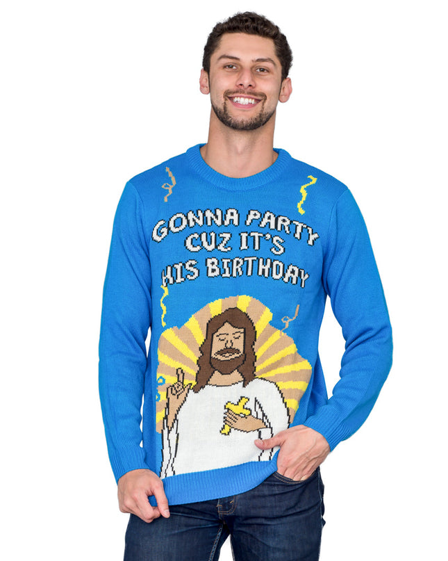 On va faire la fête parce que c'est son anniversaire ! Pull moche Jésus