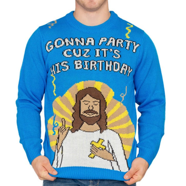 On va faire la fête parce que c'est son anniversaire ! Pull moche Jésus