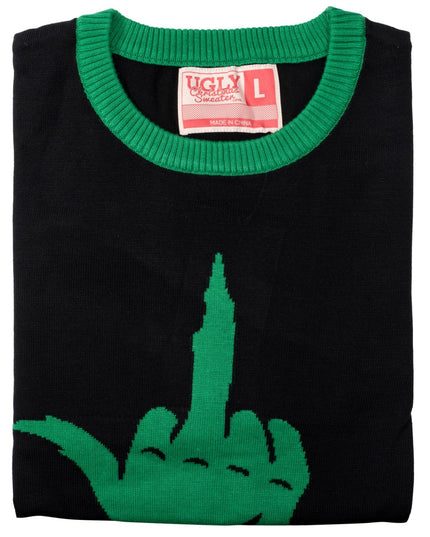 Pull moche unisexe avec monstre de dessin animé vert faisant un doigt d'honneur