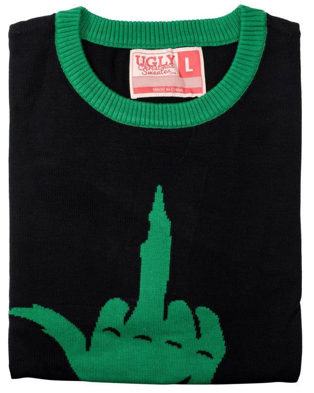 Pull moche unisexe avec monstre de dessin animé vert faisant un doigt d'honneur