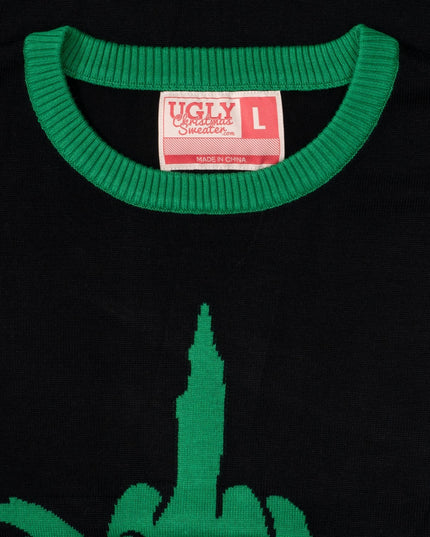 Pull moche unisexe avec monstre de dessin animé vert faisant un doigt d'honneur