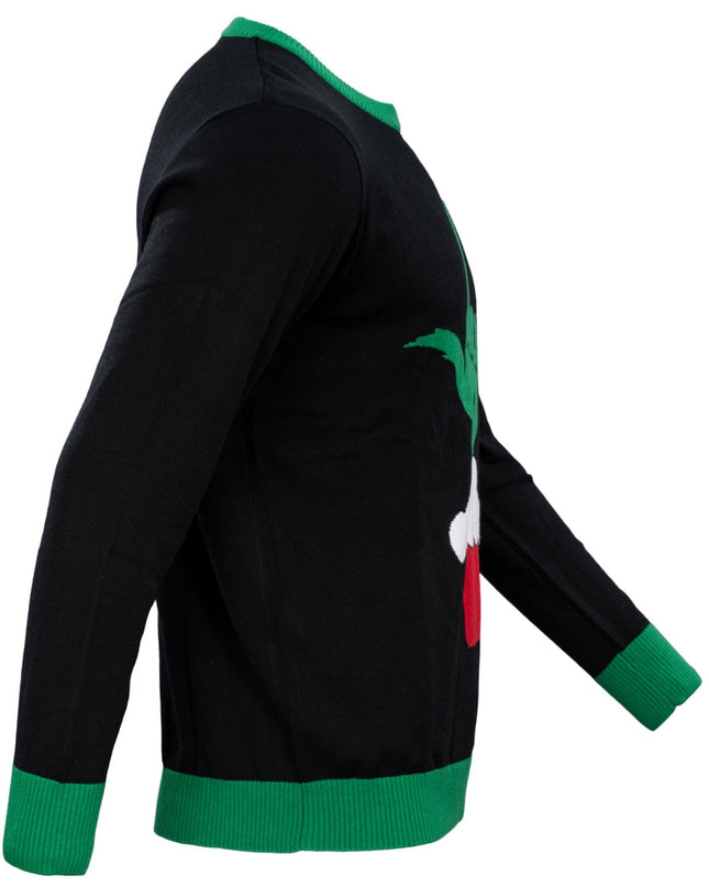 Pull moche unisexe avec monstre de dessin animé vert faisant un doigt d'honneur