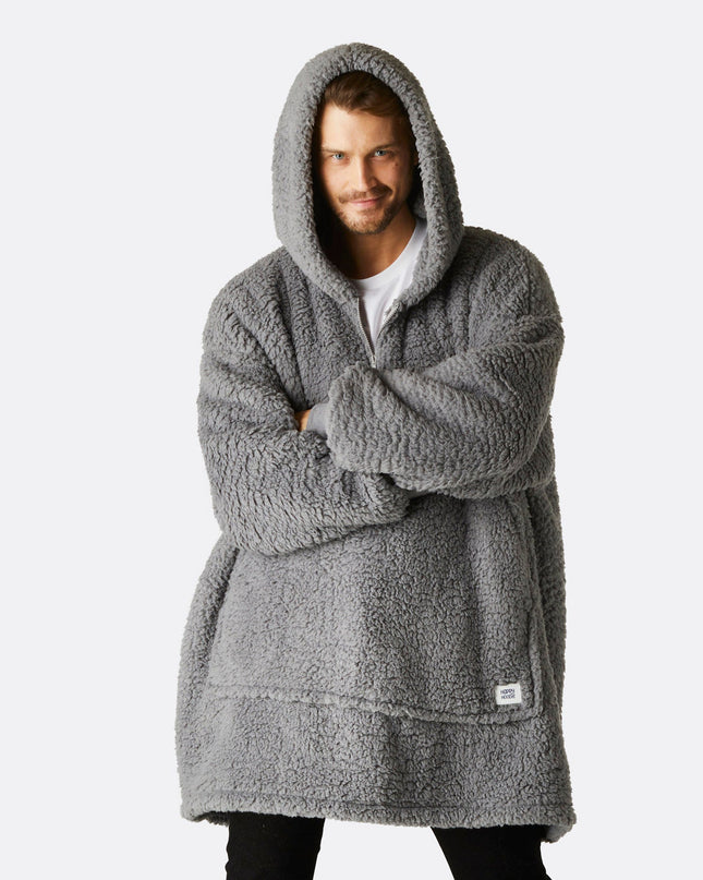 Sweat à capuche HappyHoodie gris sherpa pour adultes - Confort best-seller