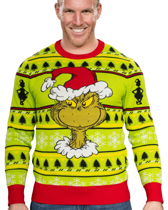 Couronne de Noël avec bonnet de Père Noël et tête de Grinch