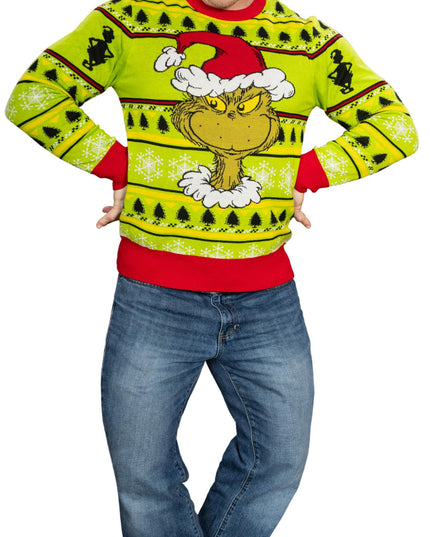 Couronne de Noël avec bonnet de Père Noël et tête de Grinch