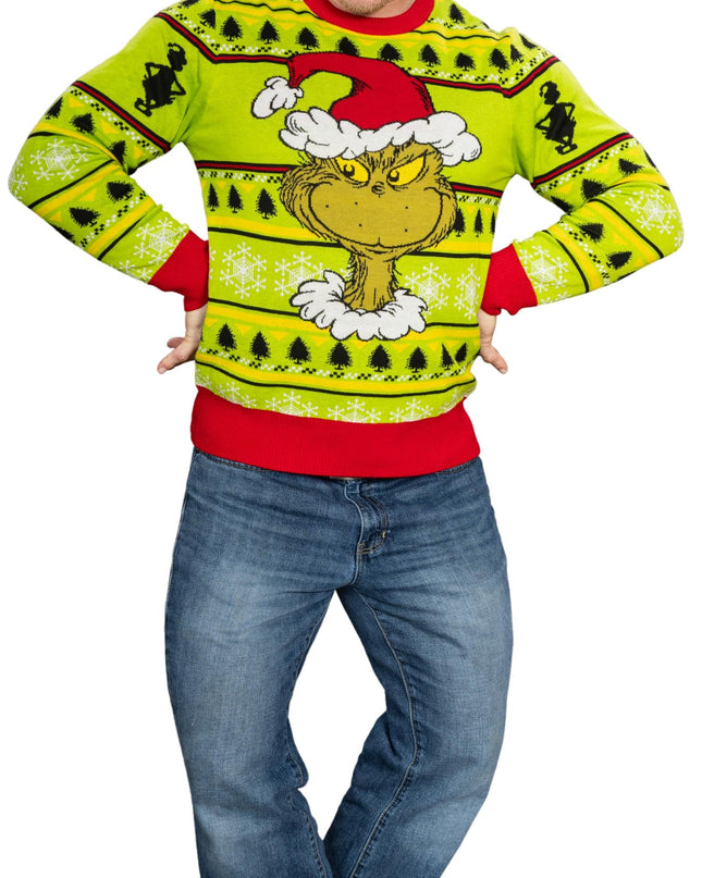 Couronne de Noël avec bonnet de Père Noël et tête de Grinch