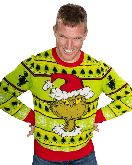 Couronne de Noël avec bonnet de Père Noël et tête de Grinch