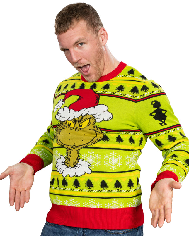 Couronne de Noël avec bonnet de Père Noël et tête de Grinch