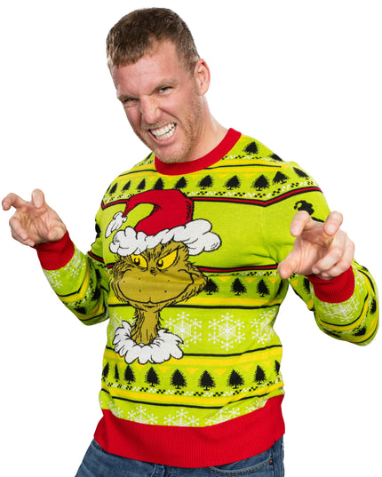 Couronne de Noël avec bonnet de Père Noël et tête de Grinch