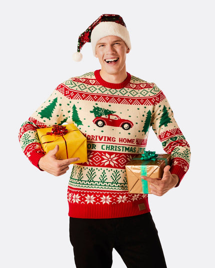 Pull de Noël pour homme « Rentrer à la maison en voiture » ​​pour un esprit festif
