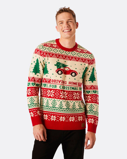 Pull de Noël pour homme « Rentrer à la maison en voiture » ​​pour un esprit festif