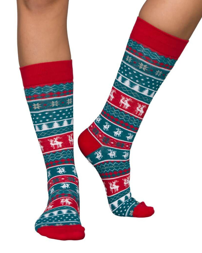 Chaussettes de Noël moches bleues et rouges avec des rennes qui s'accouplent