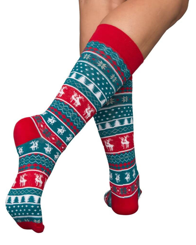 Chaussettes de Noël moches bleues et rouges avec des rennes qui s'accouplent