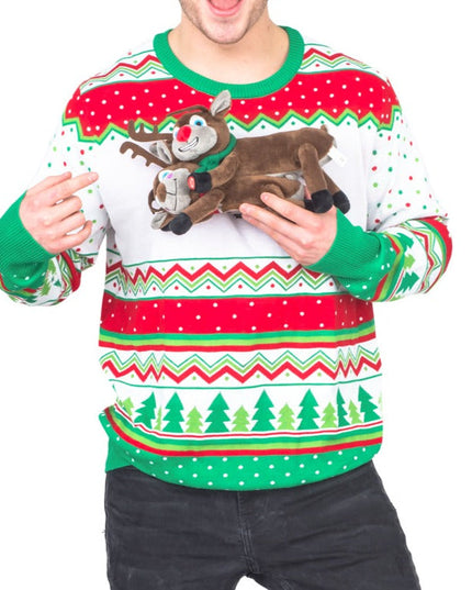 Pull de Noël moche animé en 3D avec un renne qui chevauche un renne