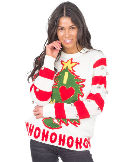 J'adore Noël HOHOHO Pull moche lumineux et à clochettes