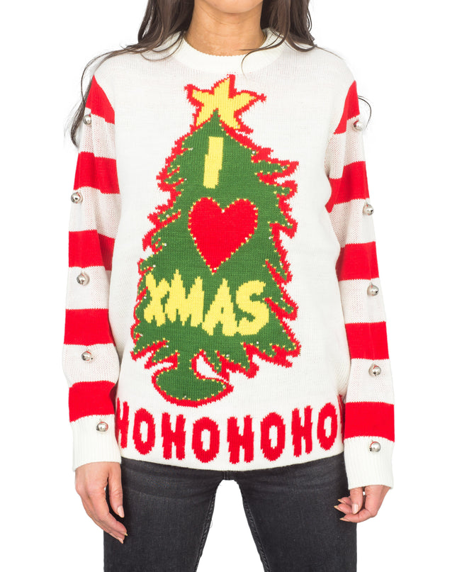 J'adore Noël HOHOHO Pull moche lumineux et à clochettes