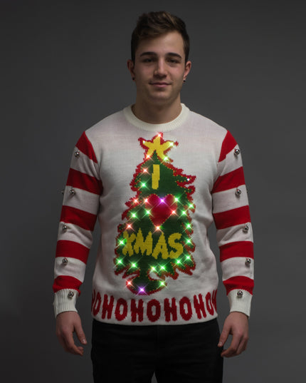 J'adore Noël HOHOHO Pull moche lumineux et à clochettes