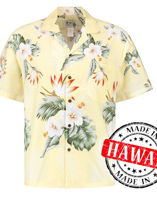 Chemise hawaïenne jaune hibiscus pour hommes