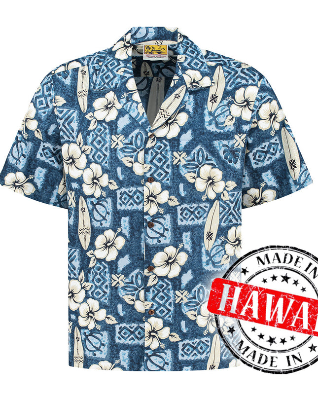 Chemise hawaïenne bleue Hibiscus Surfboards