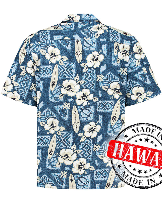 Chemise hawaïenne bleue Hibiscus Surfboards