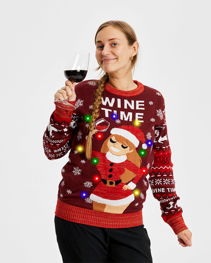 Pull de Noël « L'heure du vin » pour femme - Modèle lumineux