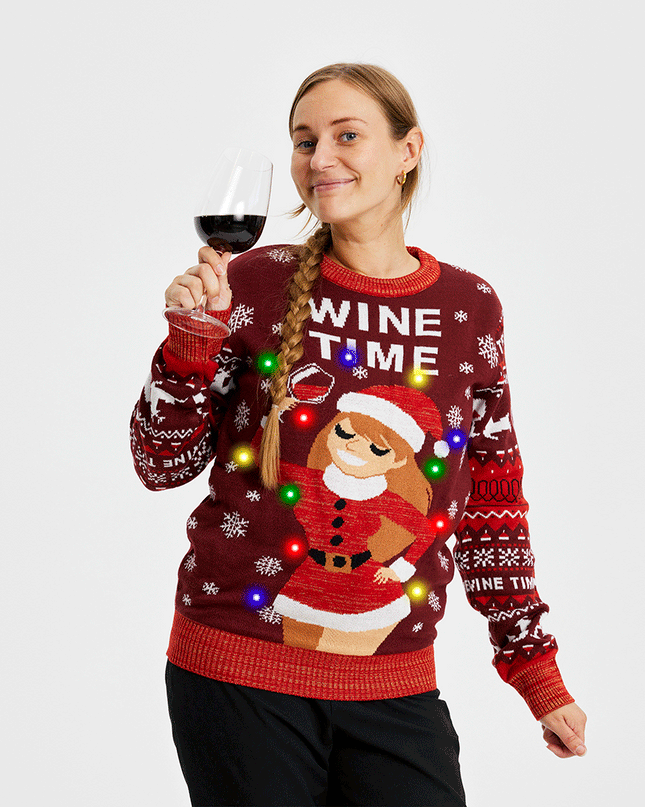 Pull de Noël « L'heure du vin » pour femme - Modèle lumineux