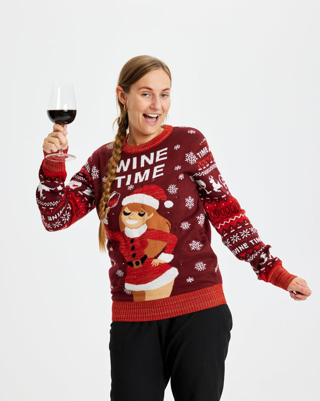 Pull de Noël « L'heure du vin » pour femme - Modèle lumineux