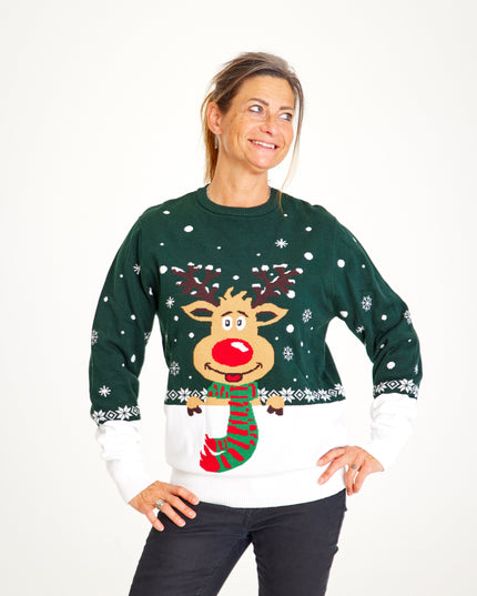 Pull de Noël vert Rudolph pour femme - Look festif