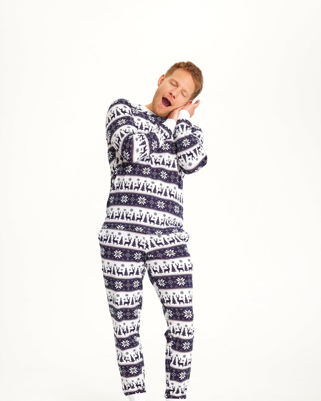 Pyjamas de Noël bleu marine à motifs de rennes pour hommes - Collection Famille