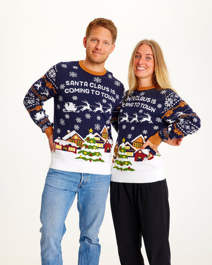 Pull bleu marine « Le Père Noël arrive en ville » - Femme