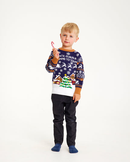 Le Père Noël arrive en ville - Pull bleu marine pour enfants