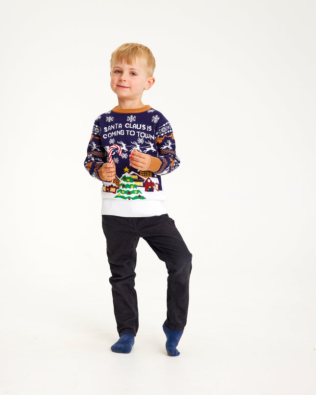 Le Père Noël arrive en ville - Pull bleu marine pour enfants