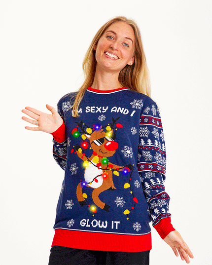 Pull de Noël bleu sexy et lumineux pour femmes