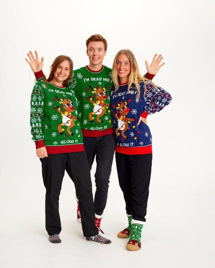 Pull de Noël bleu sexy et lumineux pour femmes