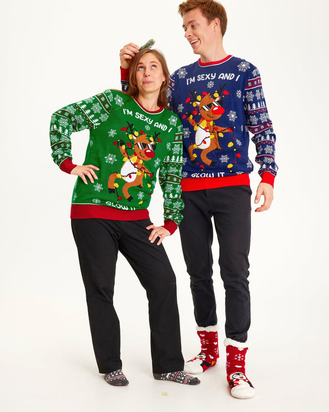 Pull de Noël bleu sexy et lumineux pour femmes