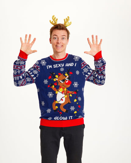 Pull de Noël bleu sexy et lumineux pour hommes